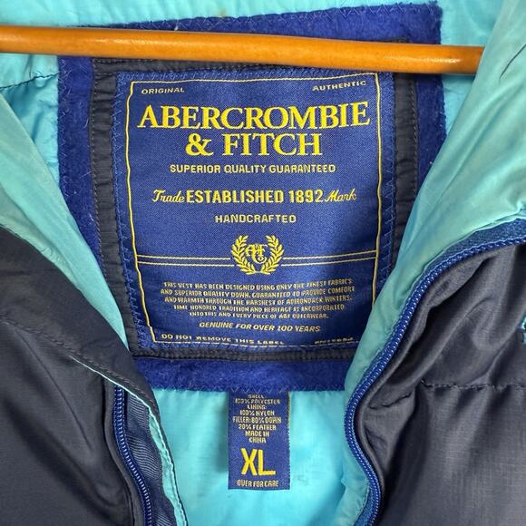 Abercrombie & Fitch Down Feather Puffer Vest Adult XL Blue Insulated Zip Up - Picture 3 of 7